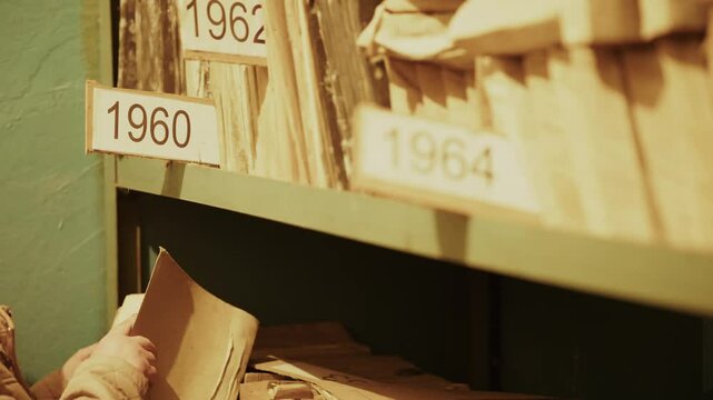 Archivist Searching Through Vintage Paper Files In Storage Room. Information Retrieval From Paper Records