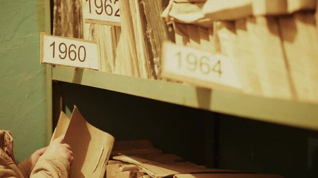 Archivist Searching Through Old Paper Files In Historical Archive. Retro Documentation Storage