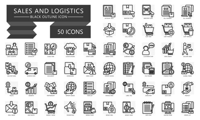 Sales and logistic black outline icons set. contain account info, barcode scan, bill payment, credit card, data graph, direction and more. Vector for modern concept, UI, UX, web and app development. 