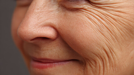 Fototapeta premium Close up of elderly person face showing detailed wrinkles and skin texture symbolizing longevity and natural aging with calm expression