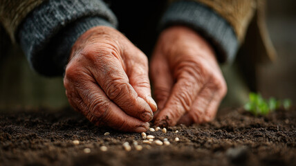 Elderly hands planting seeds in soil symbolize longevity and care for future growth in natural and nurturing environment