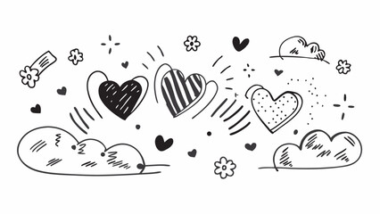 Romantic Heart Doodle Sketches in Black and White – Love and Valentine Vector Set