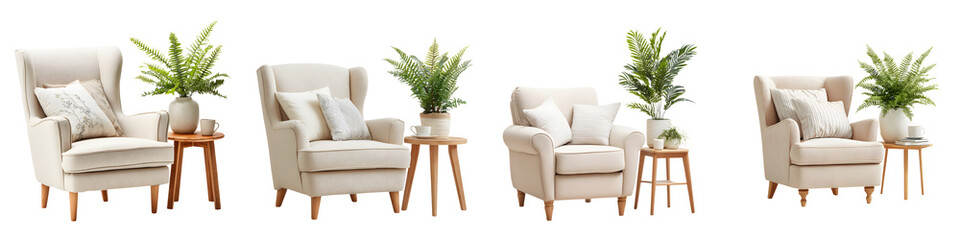 Fototapeta premium Cozy Armchair Scene: Four Views with Ferns, Side Tables, and Cushions