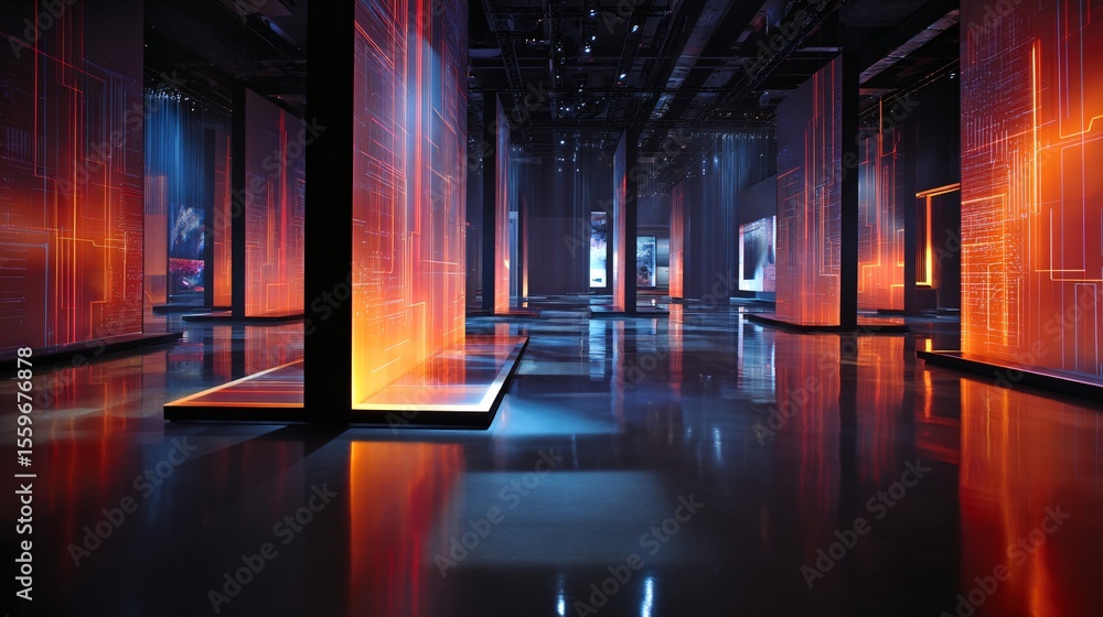Poster immersive high-tech space featuring glowing rectangular screens displaying complex chromadepth