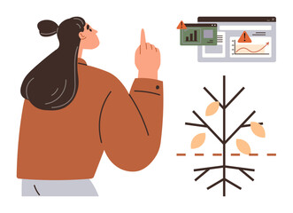 Woman pointing up, addressing warning signs on digital charts and a withering tree symbolizing decline. Ideal for business, sustainability, growth analysis, decision-making, risk management