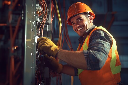 Confident electrician smiles while working on electrical wiring with safety gear and professional expertise at a job site.