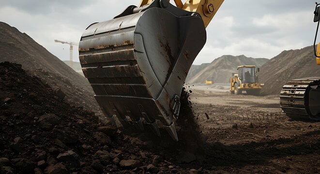 Close up excavator bucket digging with construction equipment and heavy machinery