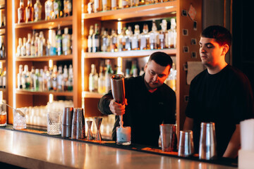 Bartenders Preparing Cocktails in a Stylish Bar with Beverage Options