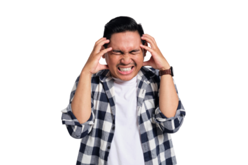 Tired Asian young man in casual shirt suffering from headache or migraine, massaging temples with closed eyes isolated on transparent background