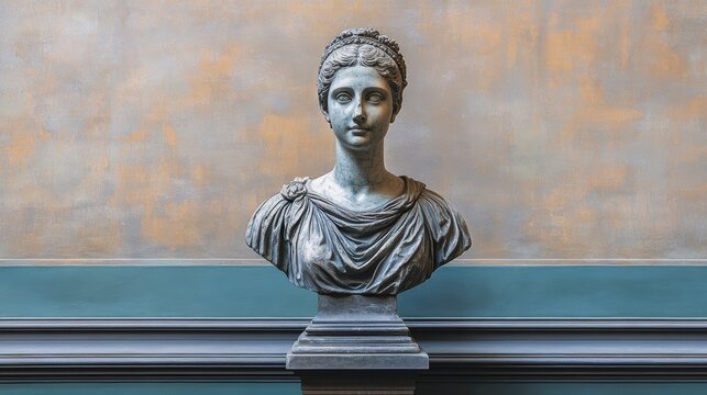 Antique gray stone bust of a woman, classical style, displayed on a pedestal against a textured wall.