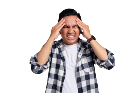 Tired Asian young man in casual shirt suffering from headache or migraine, massaging temples with closed eyes isolated on transparent background