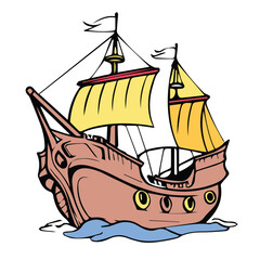 Cartoon illustration of a vintage sailing ship with detailed rigging and sails. A stylized depiction of a historical vessel on water with waves.