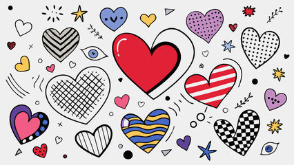 Doodle Heart Pattern Collection – Colorful & Black Sketch Style Love Icons