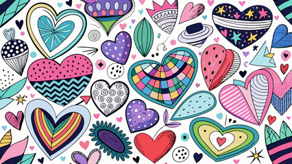 Naklejka premium Doodle Heart Pattern Collection – Colorful & Black Sketch Style Love Icons