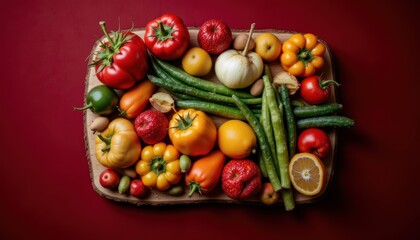 Colorful Assortment of Fresh Vegetables and Fruits Arranged on Wooden Tray Against Dark Red Background