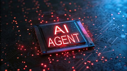 Glowing ai agent text illuminates a futuristic circuit board with red lights
