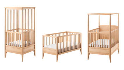 wooden baby cribs in a calm and cozy nursery design isolated on white background PNG, AI GENERATED