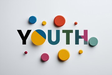 Minimalistic poster with the word "YOUTH" in bold typography and simple colorful shapes, 