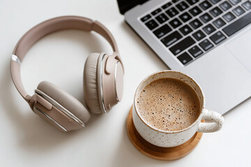 Minimalistic flat lay with a laptop, headphones, and coffee cup, creative workspace concept, 