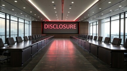Modern boardroom with disclosure displayed on large screen