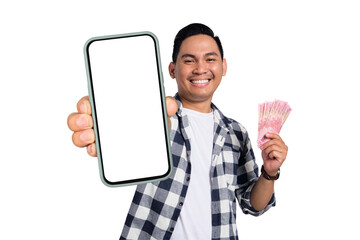 Easy online money transfer concept. Happy young Asian man in casual shirt holding smartphone with...