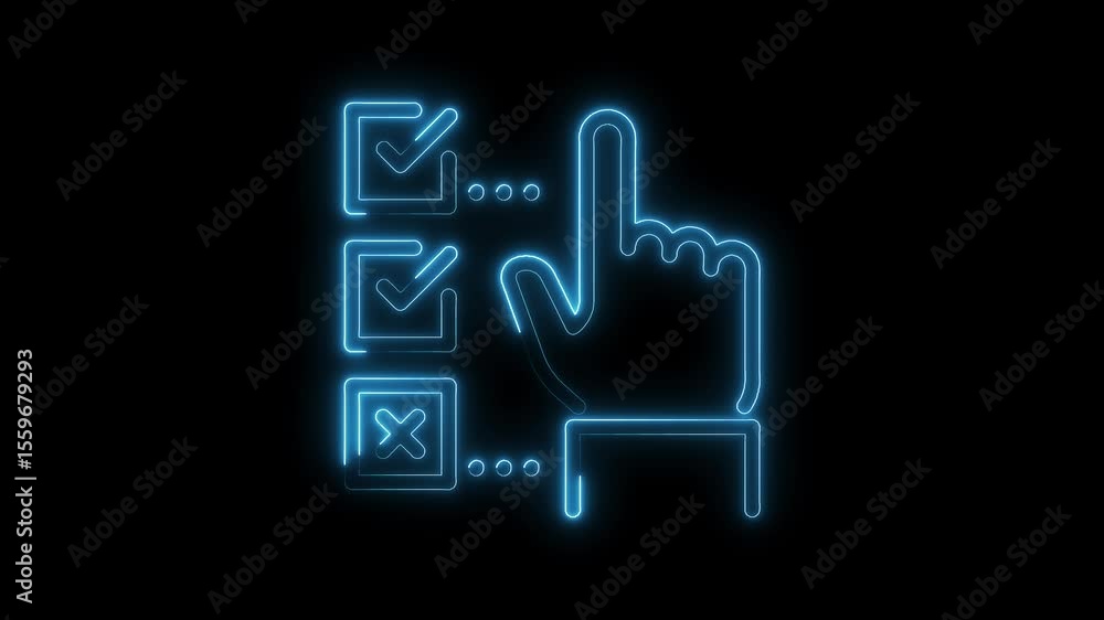 Poster neon checklist with check marks and cross and touching hand animation on black background