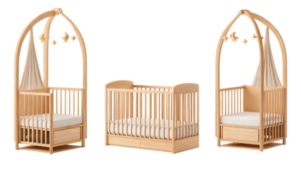 wooden baby cribs in a calm and cozy nursery design isolated on white background PNG, AI GENERATED