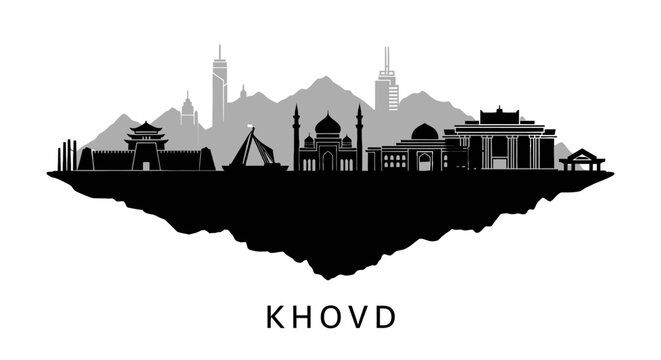 Khovd with Mongolia Skyline Black Silhouette.