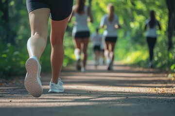 Wellness group strolls in sporty outfits, calm summer weather, wellness theme