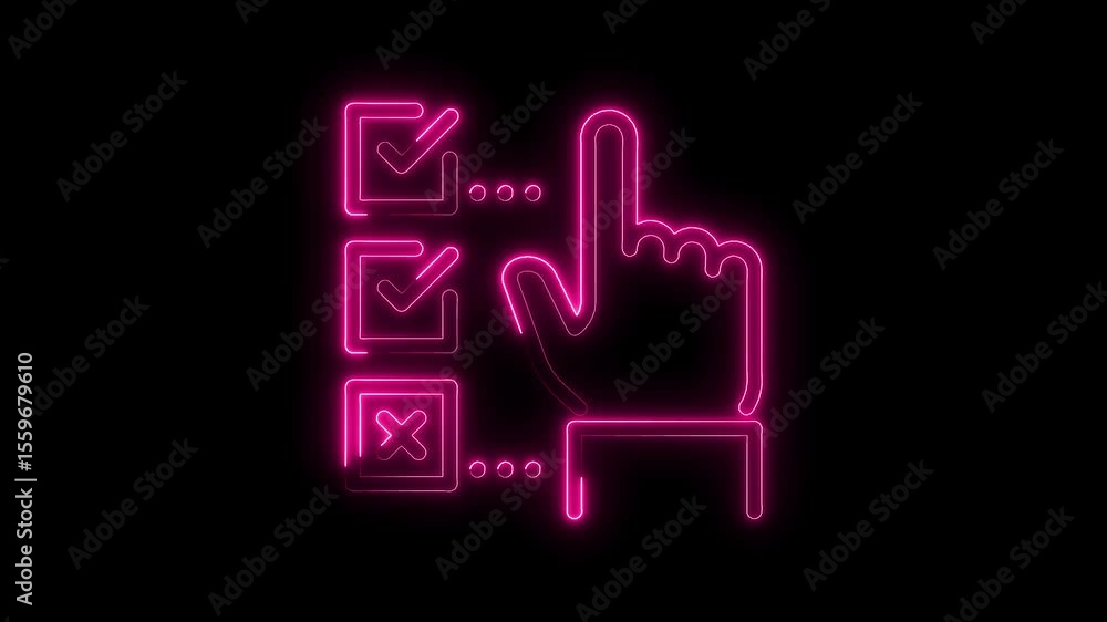 Poster glowing neon checklist with cursor pointing vote on black background animation
