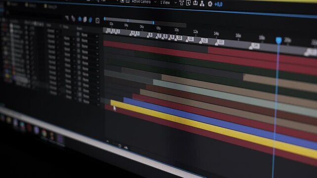 Video Editing Timeline in Motion Graphics Software, Close-up view of a video editing timeline with layers and keyframes in motion graphics software.