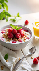 professional styled image of breakfast granola with raspberry topping and orange juice on clean white surface captured under soft morning daylight lighting food photography wallpaper background
