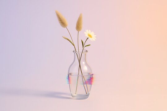 Glass vase with minimal bouquet and RGB glitch effect on pastel gradient background