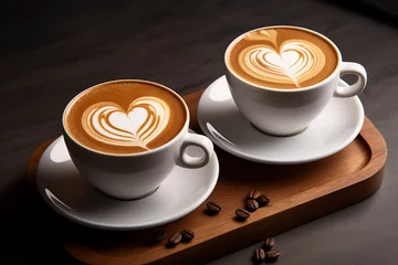 Fototapeten Two cups of coffee with heart shaped latte art on a wooden serving tray © MicroTee