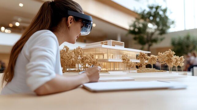 Woman Using Augmented Reality Headset Analyzing Architectural Model in Bright Interior Space