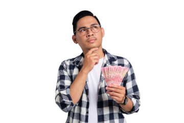 Financial planning. Pensive young Asian man in casual shirt holding money and looking up, thinking about question isolated on transparent background