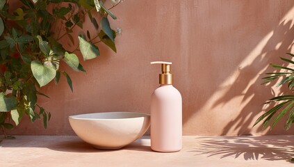 Pink bottle and bowl on peach wall