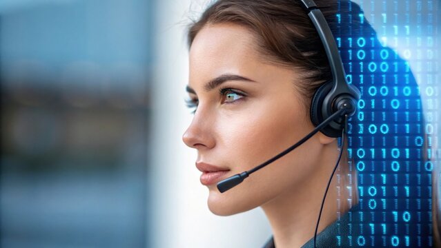 Woman with headset interacting with digital binary code data stream - Powered by Adobe