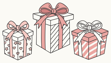 Three charming hand drawn gift boxes adorned with delicate pink ribbons and bows featuring patterned designs of hearts and stripes on a clean white background