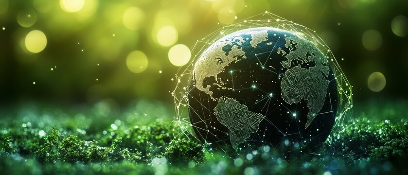 Green planet earth in the network on green background with bokeh, global communication concept 