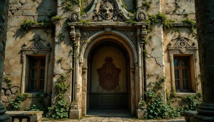 Ornate Stone Entrance with Weathered Facade and Green Ivy Accents in an Abandoned Historical Building