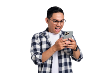 Happy young Asian man in casual shirt using smartphone for messaging with a friend isolated on transparent background
