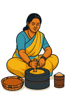 Indian Woman Grinding Grains Using Traditional Stone Mill &ndash; Vector Illustration

