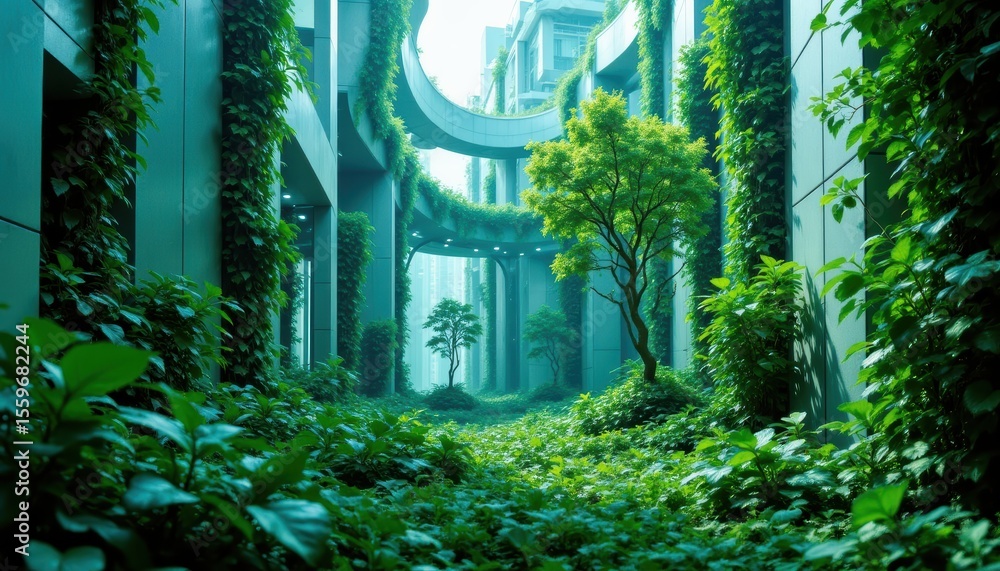 Poster serene urban oasis with lush greenery and soft sunlight filtering through architectural structures