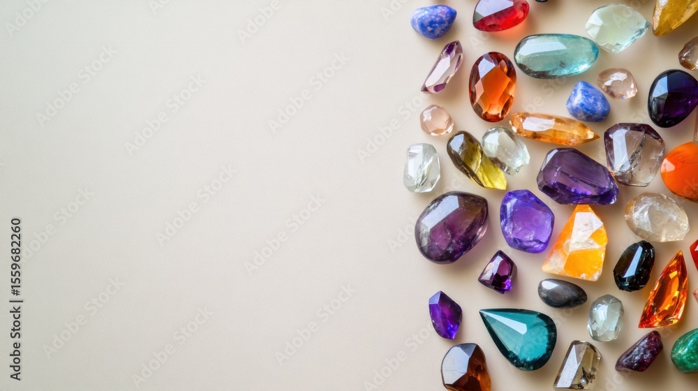 Poster polished gemstones in various colors and shapes are arranged on a light neutral background. the coll