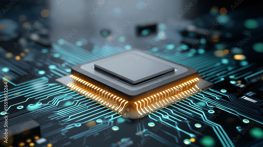 Poster a macro shot highlights a powerful central processing unit (cpu) on a printed circuit board, the glo