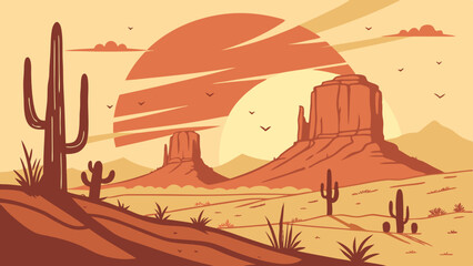 Sunset Desert Landscape Illustrations – Cactus, Canyon & Western Scenery