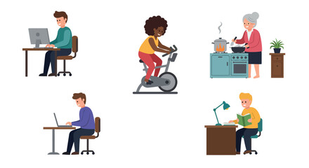 Daily activities vector illustration for home and office scenes in flat style