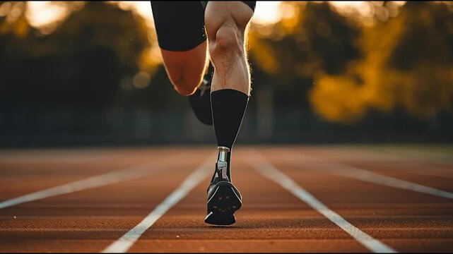 Close-up of athlete with prosthetic leg running on track at sunset, symbolizing strength, determination, and adaptive sports