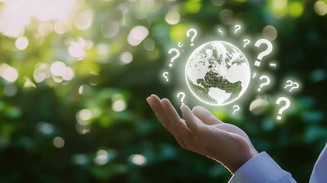 Environment service, globe with question mark around - Powered by Adobe